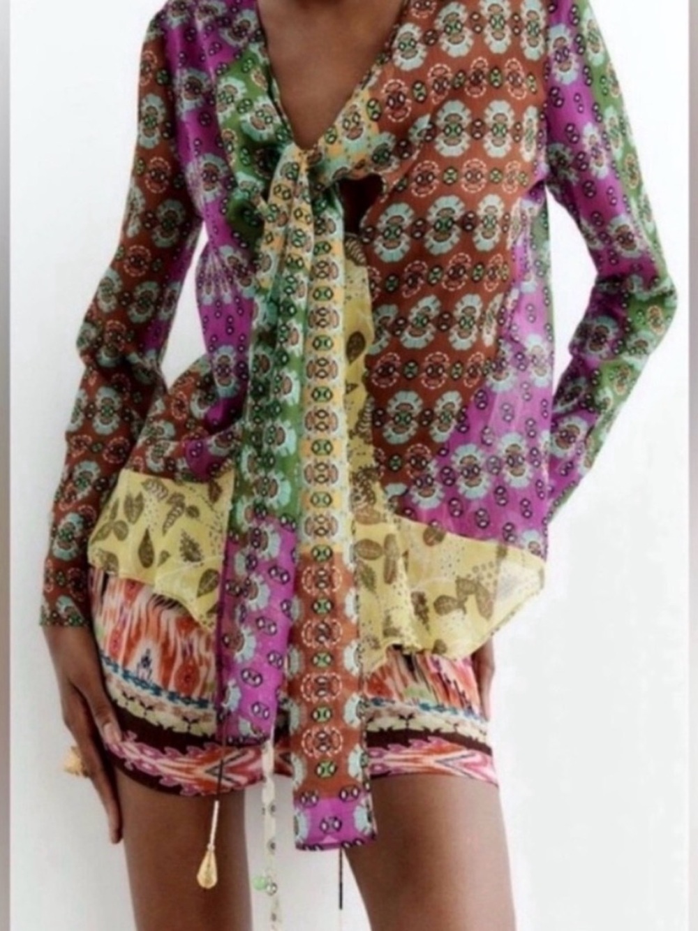 Zara Printed Tie-Neck Blouse